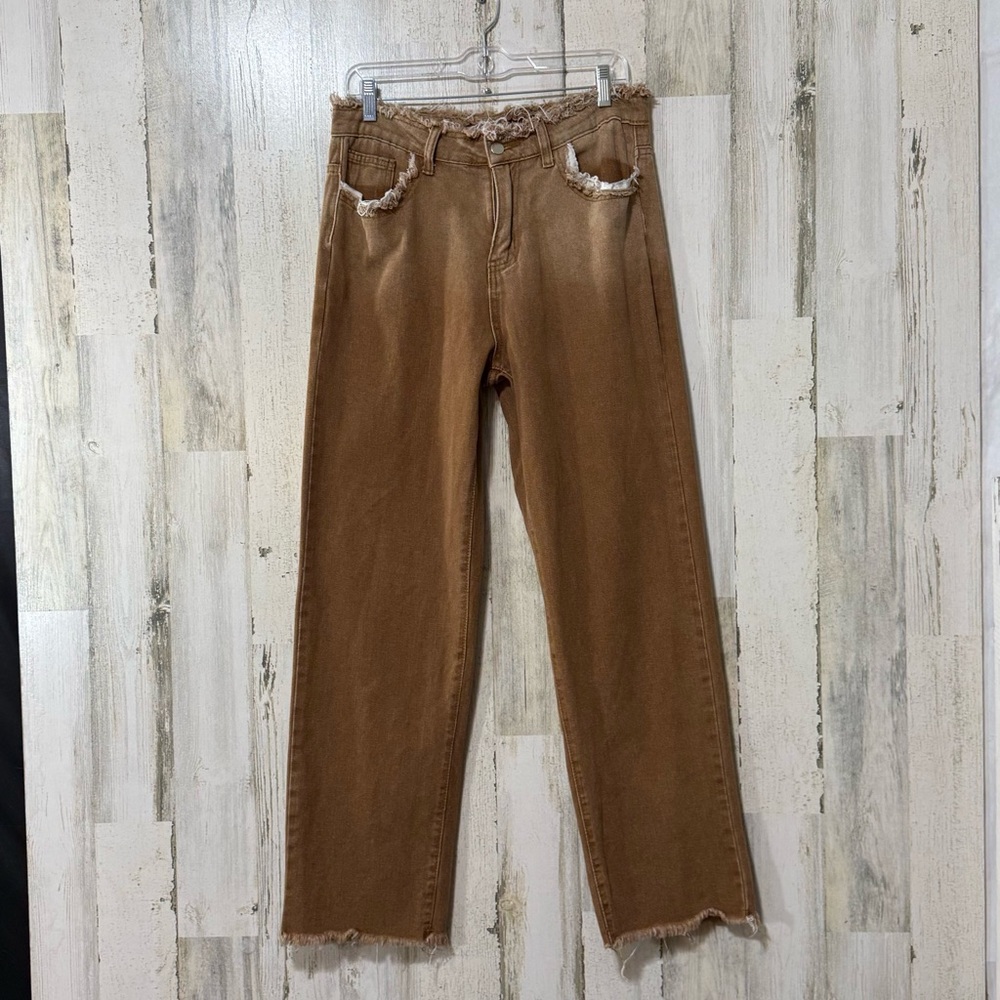 SHEIN Manfinity Brown Straight Jeans with Frayed Hem
